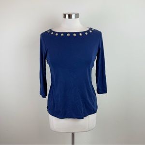 Jones New York Solid Navy Blue Gold Round Embellished Top Women Medium